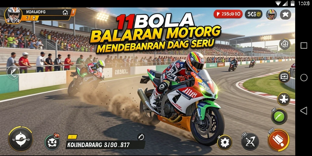 Menunjukkan aksi balapan motor yang seru dan mendebarkan.