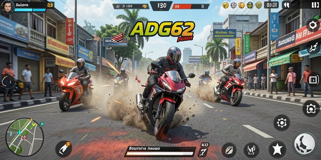 Tampilan gameplay menegangkan dalam balapan motor ADG62.