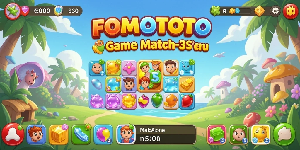 Tampilan gameplay FOMOTOTO dengan kombinasi objek cerah.