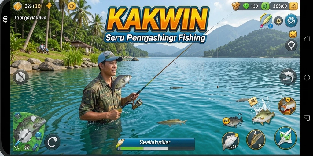 Tampilan gameplay KAKWIN saat menangkap ikan di lokasi yang indah.