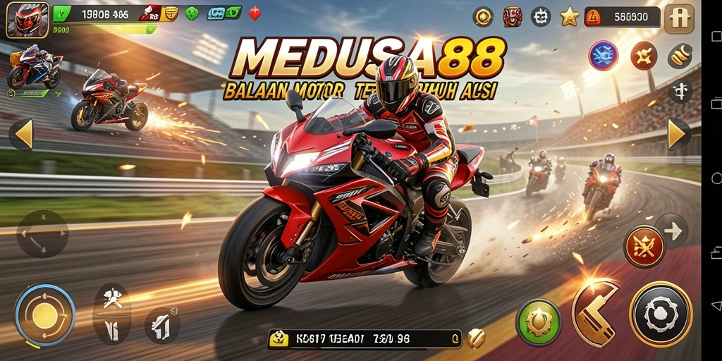 Tangkapan layar dari gameplay seru MEDUSA88 dengan balapan motor cepat.