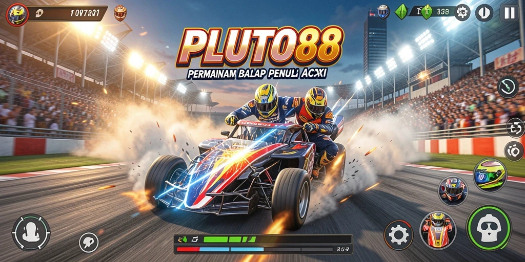 Tampilan gameplay menegangkan di PLUTO88 dengan mobil balap yang melaju kencang.