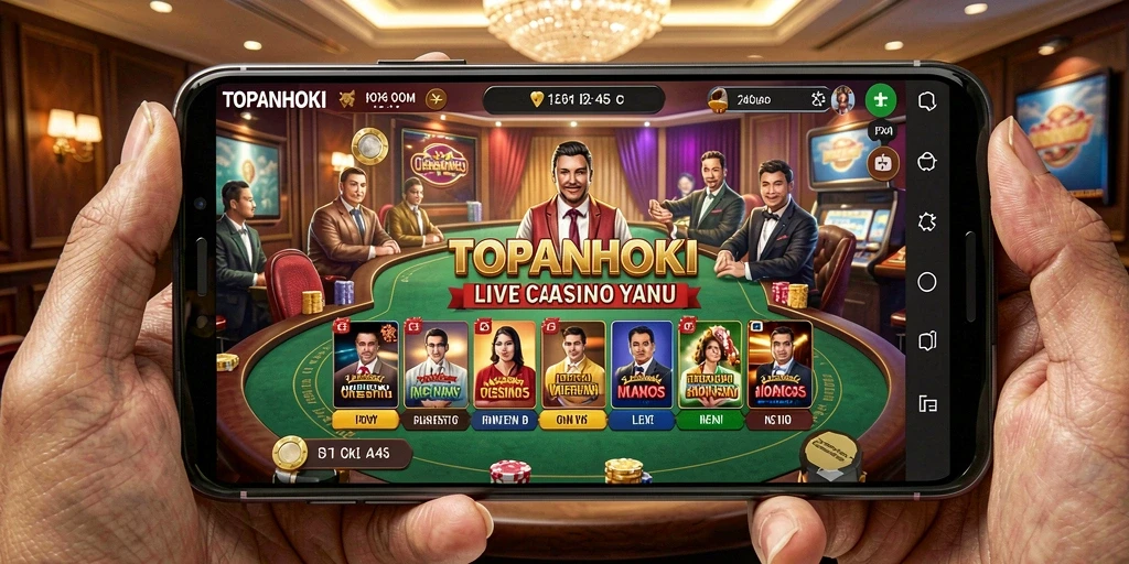 Screenshot gameplay TOPANHOKI dengan dealer langsung dan suasana kasino yang nyata.